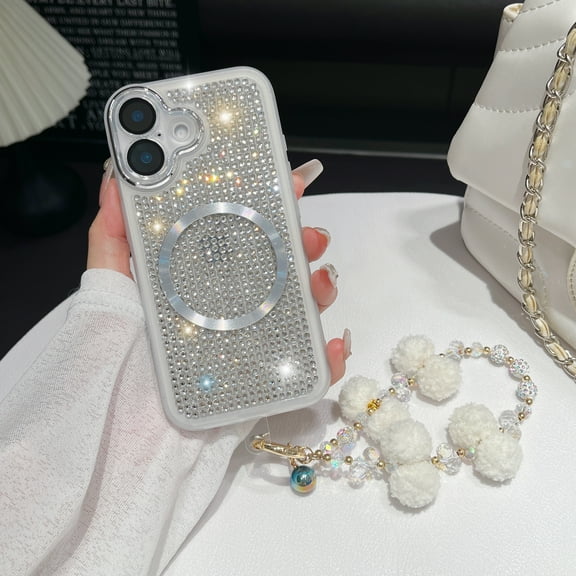 for iPhone 13 Pro Max Case with Chain, [Compatible with MagSafe] Glitter Crystal Diamond Rhinestone Sparkle Sparkly Bumper Camera Lens Protector Shockproof Phone Case for iPhone 13 Pro Max, Silver