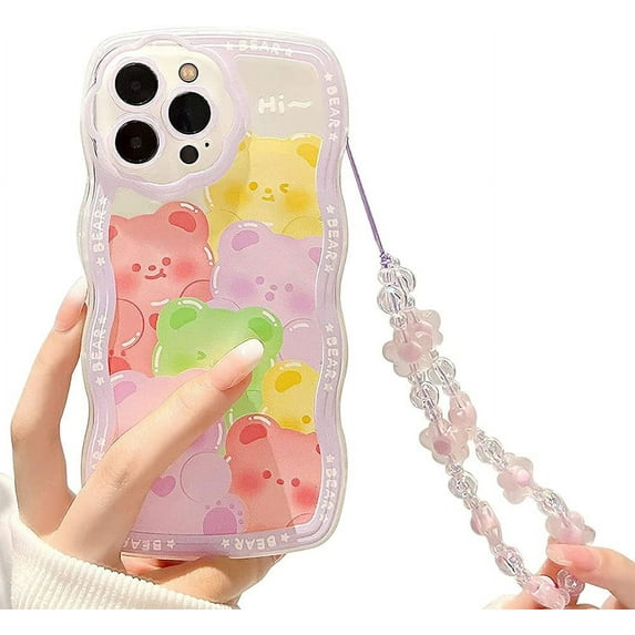 for iPhone 13 Pro Max Case with Charm Chain Bear Cute Phone Case,Matte TPU Protective Phone Case with Flower Pearl Wrist Bracelet Shockproof for iPhone 13 Pro Max Case 6.7''