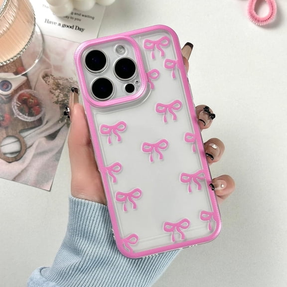 for iPhone 13 Pro Max Case, Clear Cute Bows Ribbon Bowknot Aesthetic Pattern for Women Girls, Transparent Full Camera Protection Slim Soft TPU Protective Cover - Pink