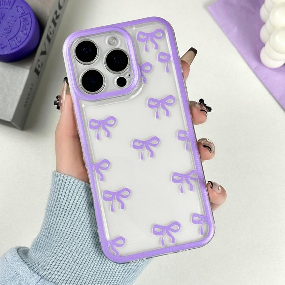 for iPhone 13 Pro Max Case, Clear Cute Bows Ribbon Bowknot Aesthetic Pattern for Women Girls, Transparent Full Camera Protection Slim Soft TPU Protective Cover - Purple