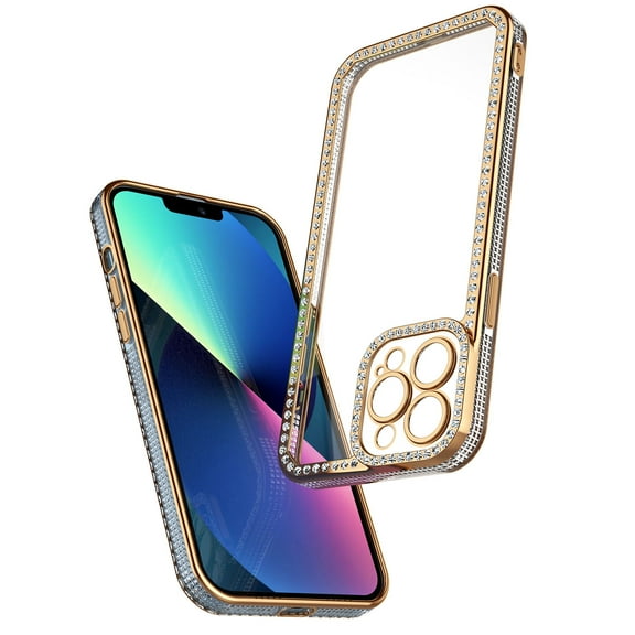 for iPhone 13 / 13 Pro / 13 Pro Max Case Clear Glitter, Crystal Shockproof Protective Soft Phone Case, Non Yellowing Slim for Women Girls iPhone 13 Pro Cover 6.1 inch 2021 - Gold