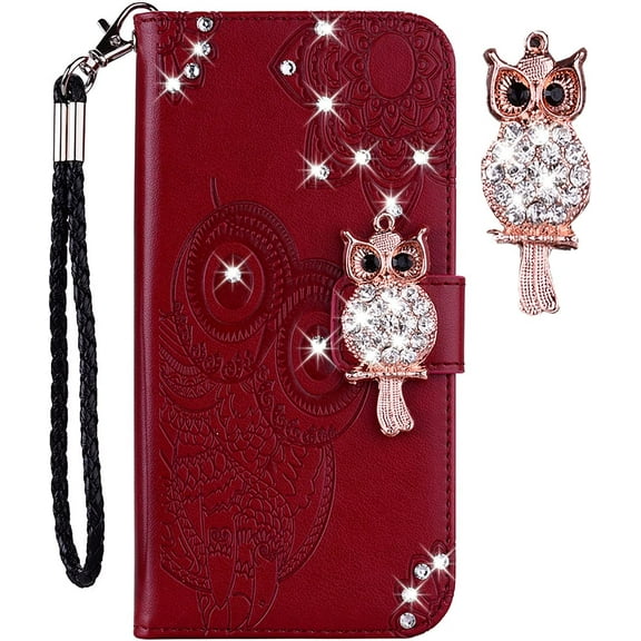 for iPhone 13 Pro Max Case with Credit Card Package,Glitter Bling Diamond PU Leather Wallet Phone Case with Wsrist String Flip Cover for iPhone 13 Pro Max Owl Red