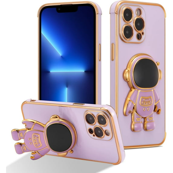for iPhone 13 Pro Max Case Cute 6D Astronaut Case with Stand Function Luxury Plating Case Cover Slim Fit Soft TPU Shockproof Bumper Protective Electroplated Case for Girls Boys,6.7 inch,Purple