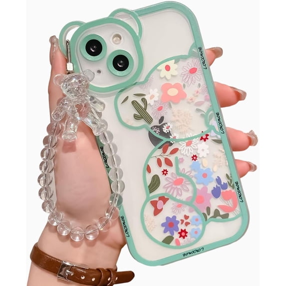 iPhone 13 Pro Max Case with Cute Flowers Bear Pattern, Camera Protector, Clear Case and Lovely Strap Bracelet Chain, Compatible for iPhone 13 Pro Max for Girls Women (Green)