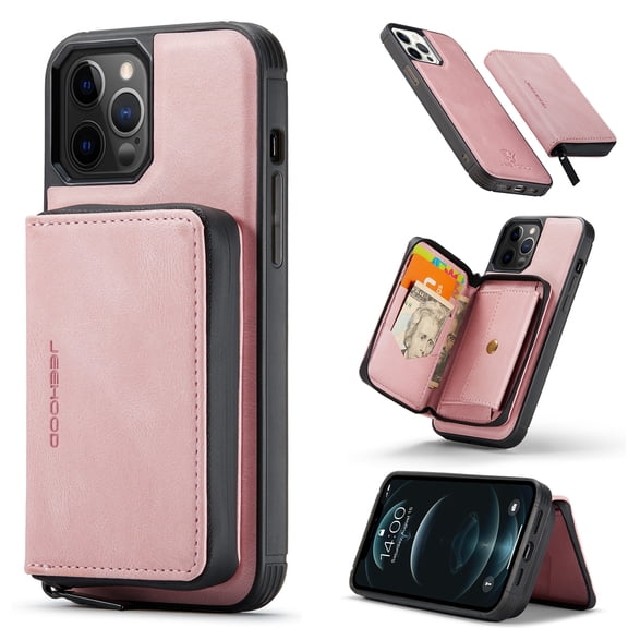 iPhone 13 Pro Max Case,Dteck Magnetic Leather Detachable Wallet Functional Removable Case Shockproof Rubber Cards Holder Money Pocket Hybrid Kickstand Back Cover For iPhone 13 Pro Max 6.7-inch,Pink