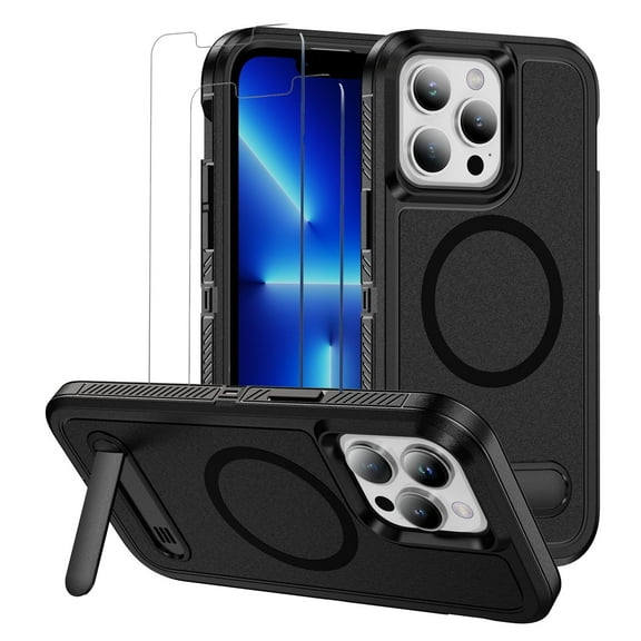 for iPhone 13 Pro Max Case,Dual Layer With Kickstand Compatible For MagSafe,2 PCS Screen Protector,Military Shockproof Matte PC with Soft Edges Phone Cover For iPhone 13 Pro Max 6.7"(Black)