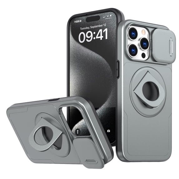 for iPhone 13 Pro Max Case, Frosted PC Compatible with MagSafe Built-in 360 Rotatable Invisible Kickstand Sliding Window Camera Cover Military Grade Protection Case for iPhone 13 Pro Max, Gray
