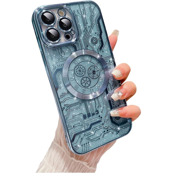 for iPhone 13 Pro Max Case Glitter, Compatible with Magsafe Magnetic Cases, Transparent Luxurly Plated Sparkly Design, Soft Shockproof Camera Lens Protective Back Cover, Light Blue