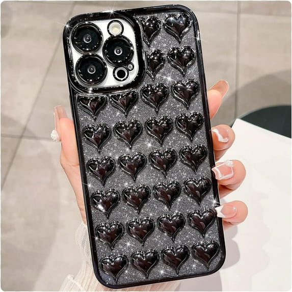 for iPhone 13 Pro Max Case Glitter, Luxurly Plated 3D Heart, Bling Sparkly Phone Cases for iPhone 13 Pro Max, Soft Shockproof Protective Back Cover for Women Girls, Black