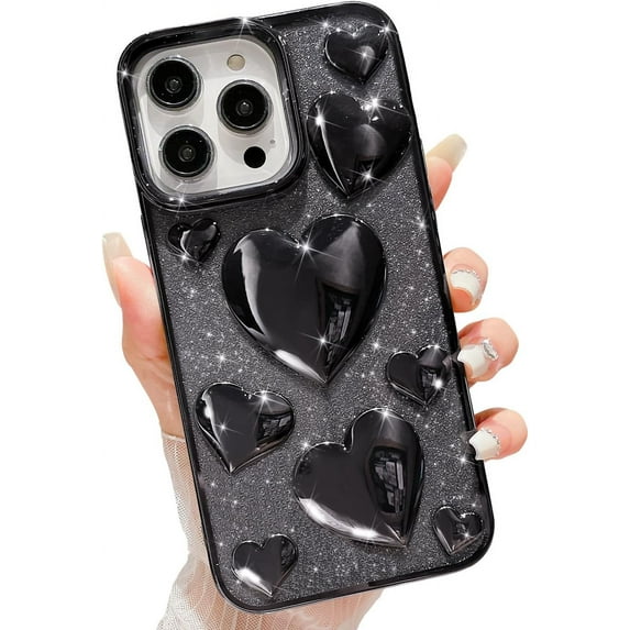 for iPhone 13 Pro Max Case Glitter, Luxurly Plated 3D Love Hearts, Cute Bling Sparkle Phone Case for iPhone 13 Pro Max, Soft Shockproof Protective Clear Case for Women Girls, Black