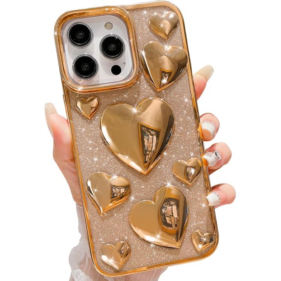 for iPhone 13 Pro Max Case Glitter, Luxurly Plated 3D Love Hearts, Cute Bling Sparkle Phone Case for iPhone 13 Pro Max, Soft Shockproof Protective Clear Case for Women Girls, Gold