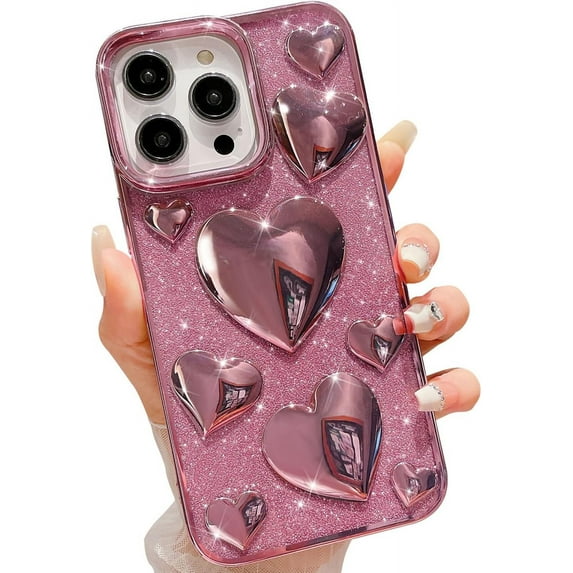 for iPhone 13 Pro Max Case Glitter, Luxurly Plated 3D Love Hearts, Cute Bling Sparkle Phone Case for iPhone 13 Pro Max, Soft Shockproof Protective Clear Case for Women Girls, Pink