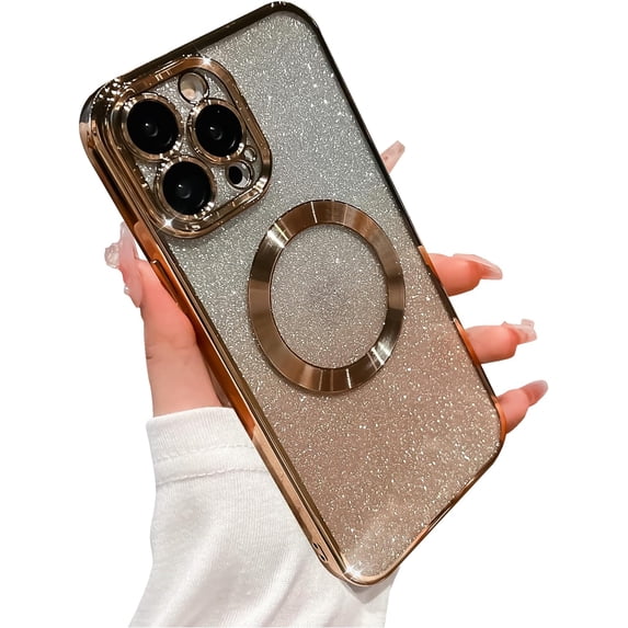 for iPhone 13 Pro Max Case Glitter Magnetic Compatible with MagSafe Full Camera Lens Protection Luxury Plating Cute Bling Clear Shockproof Slim Phone Case for Women Girls, Gold