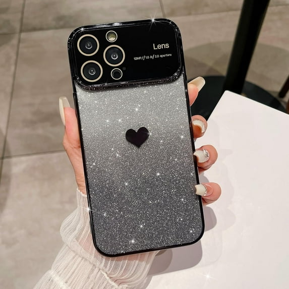 for iPhone 13 Pro Max Case Glitter, Window Glass Lens Camera Protector, Bling Cute Love Heart Clear Phone Case, Camera Protection Sparkly Plated Soft Back Cover for Women Girls -Black
