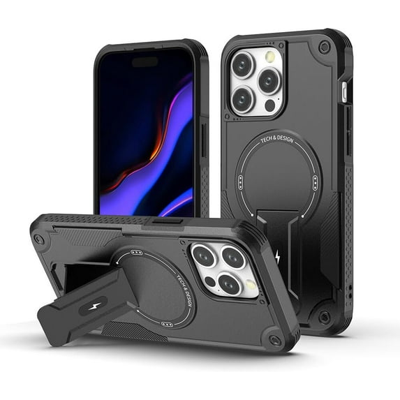 for iPhone 13 Pro Max Case Heavy Duty Drop Protection Case with Magnetic Invisible Stand Rugged Full Body Shock Resistant Protective Phone Case - Black
