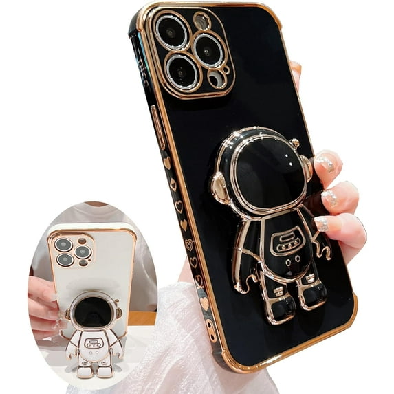for iPhone 13 Pro Max Case ,Hidden Astronaut Stand Pasteable Kickstand, Upgrade Shockproof Corners ,Gold Trim Love Bracket Case for iPhone 13 Pro Max Cute for Women Cover (for iPhone13ProMax,black)