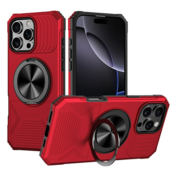 for iPhone 13 Pro Max Case, Hybrid Ultra Slim Shockproof Cover with 360° Rotating Alloy Ring Kickstand, Magnetic Drop Protective Stylish Design Case Cover for iPhone 13 Pro Max, Red