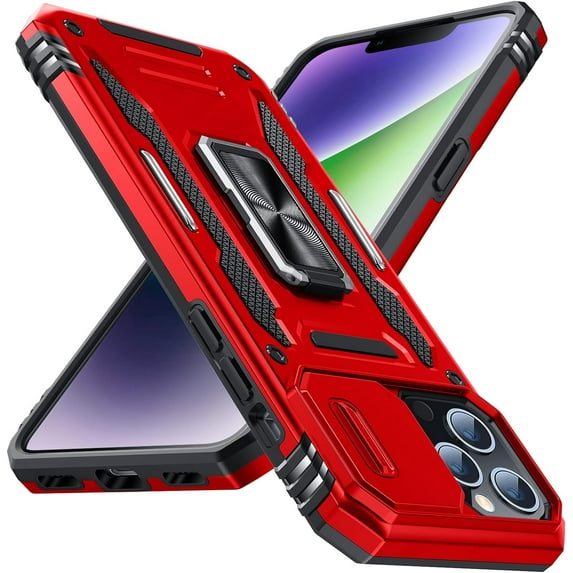 for iPhone 13 Pro Max Case with Kickstand with Camera Cover,Military-Grade Protection,Metal Ring Kickstand,Bumper Case for iPhone 13 Pro Max Case,Red 5-IP13pm-02