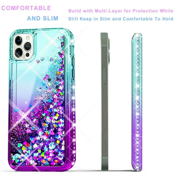 iPhone 13 Pro Max Case, Liquid Floating Glitter Quicksand Bling with Spot Diamond Cover - Teal/Purple