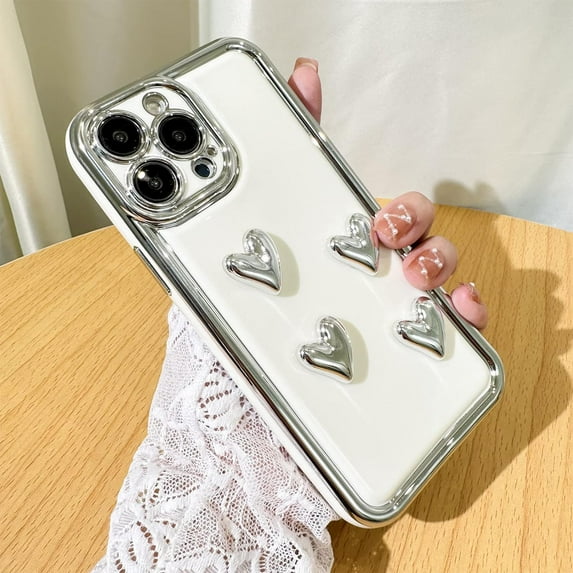 for iPhone 13 Pro Max Case Love Heart Plating Electroplate Silver Luxury Elegant Case Camera Protector Shockproof Protective Corner Back iPhone 13 Pro Max Case for Gilrs Women -Four Hearts