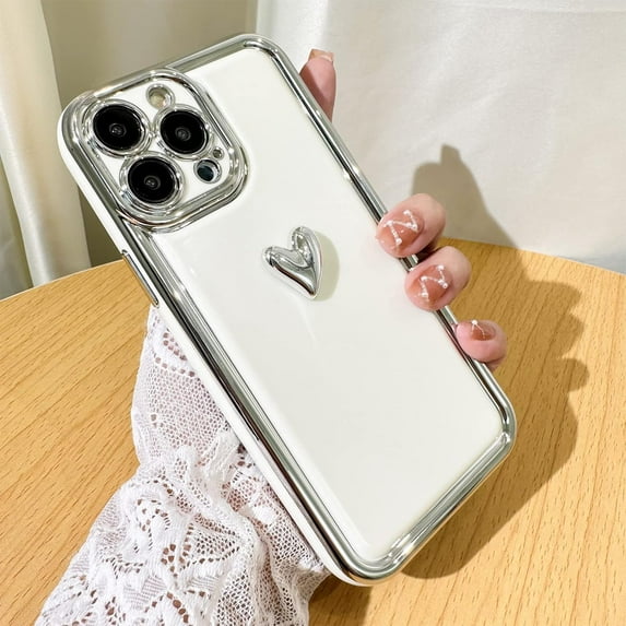 for iPhone 13 Pro Max Case Love Heart Plating Electroplate Silver Luxury Elegant Case Camera Protector Shockproof Protective Corner Back iPhone 13 Pro Max Case for Gilrs Women -One Heart