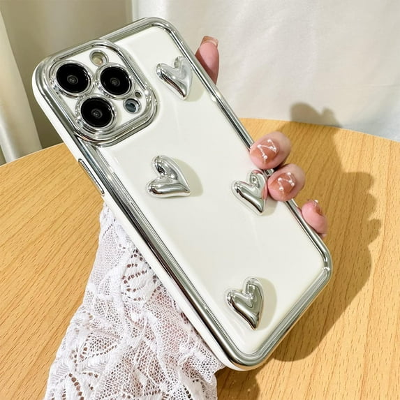 for iPhone 13 Pro Max Case Love Heart Plating Electroplate Silver Luxury Elegant Case Camera Protector Shockproof Protective Back iPhone 13 Pro Max Case for Gilrs Women -Four Hearts