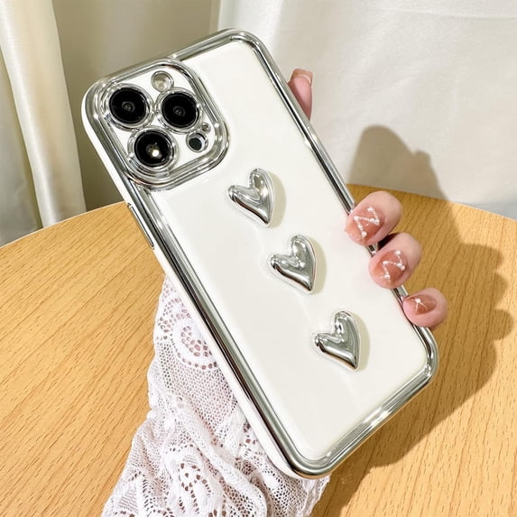 for iPhone 13 Pro Max Case Love Heart Plating Electroplate Silver Luxury Elegant Case Camera Protector Shockproof Protective Corner Back iPhone 13 Pro Max Case for Gilrs Women -Three Hearts