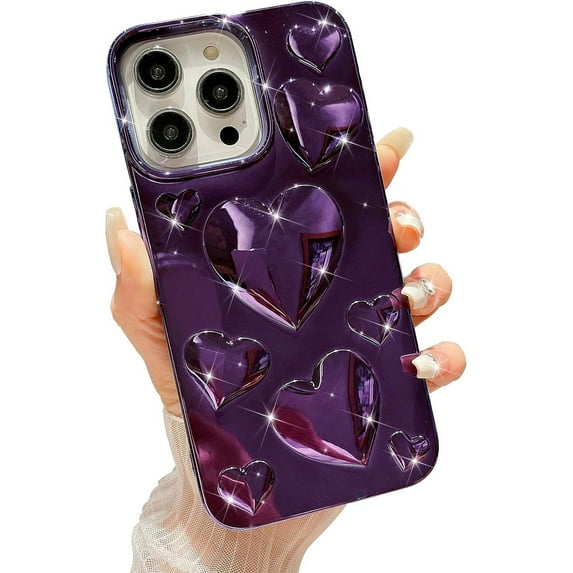 for iPhone 13 Pro Max Case, Luxurly Plated 3D Love Heart, Cute Bling Sparkle Love Hearts Phone Case for iPhone 13 Pro Max, Soft Shockproof Protective Clear Case for Women Girls, Purple