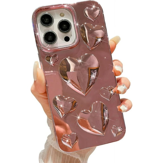for iPhone 13 Pro Max Case, Luxurly Plated 3D Love Heart, Cute Bling Sparkle Love Hearts Phone Case for iPhone 13 Pro Max, Soft Shockproof Protective Clear Case for Women Girls, Pink