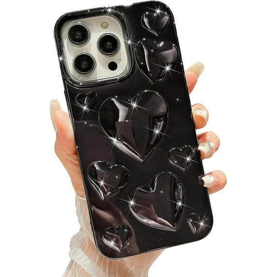 for iPhone 13 Pro Max Case, Luxurly Plated 3D Love Heart, Cute Bling Sparkle Love Hearts Phone Case for iPhone 13 Pro Max, Soft Shockproof Protective Clear Case for Women Girls, Black
