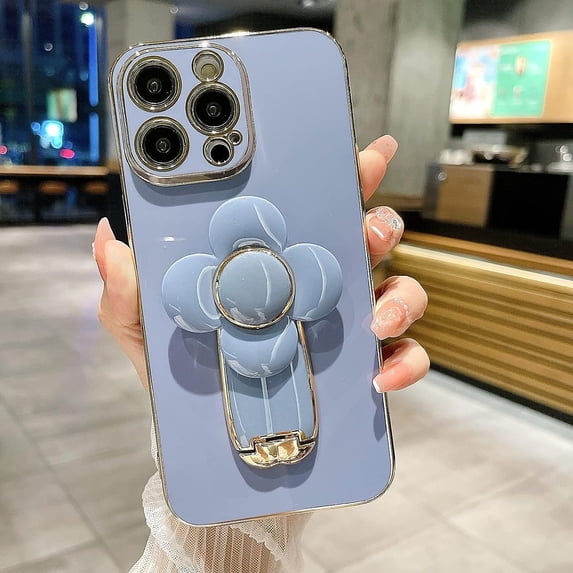 for iPhone 13 Pro Max Case Luxury Plating Hidden Stand Case Cover, Cute Rotatable Flower Windmill Kickstand for Women Girls with Camera Protector Soft TPU Shockproof Bumper 6.7 inch - Blue