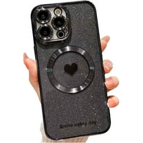 for iPhone 13 Pro Max Case Magnetic Glitter [ Compatible with MagSafe ], Bling Love Heart Clear Phone Case, Camera Protection Sparkly Plating Slim Soft Back Cover for Women Girls - Black