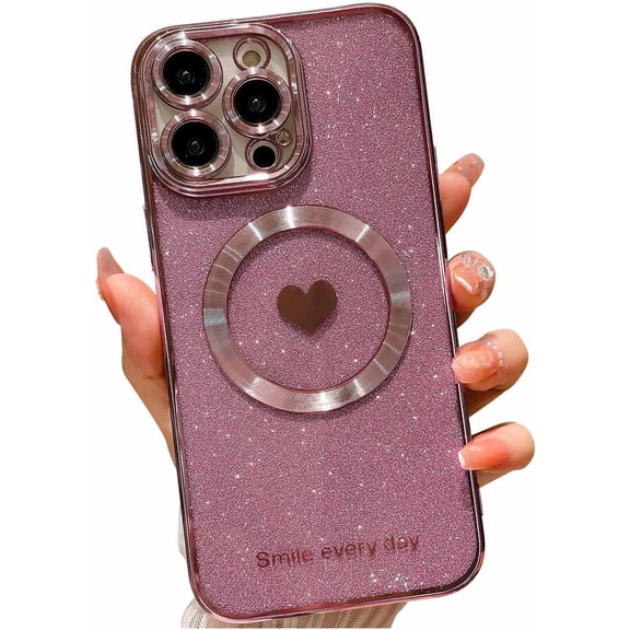 for iPhone 13 Pro Max Case Magnetic Glitter [ Compatible with MagSafe ], Bling Love Heart Clear Phone Case, Camera Protection Sparkly Plating Slim Soft Back Cover for Women Girls - Pink