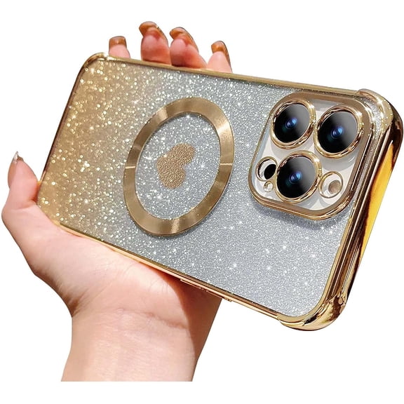 for iPhone 13 Pro Max Case Magnetic Gradient Glitter [ Compatible with MagSafe ], Bling Love Heart Clear Phone Case, Camera Protection Sparkly Slim Soft Back Cover for Women Girls - Gold