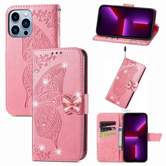 iPhone 13 Pro Max Case, Mantto Bling Diamond PU Leather Flip Wallet Case Hand Strap Butterfly Embossed Protective Flip Stand Card Holder Magnetic Cover for Apple iPhone 13 Pro Max, Pink