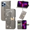 thumbnail image 1 of iPhone 13 Pro Max Case, Mantto Bling Diamond PU Leather Flip Wallet Case Hand Strap Butterfly Embossed Protective Flip Stand Card Holder Magnetic Cover for Apple iPhone 13 Pro Max, Gray, 1 of 9