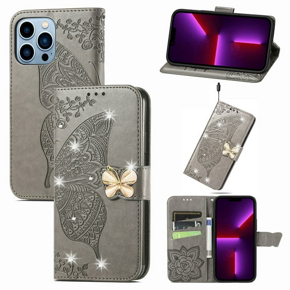 iPhone 13 Pro Max Case, Mantto Bling Diamond PU Leather Flip Wallet Case Hand Strap Butterfly Embossed Protective Flip Stand Card Holder Magnetic Cover for Apple iPhone 13 Pro Max, Gray