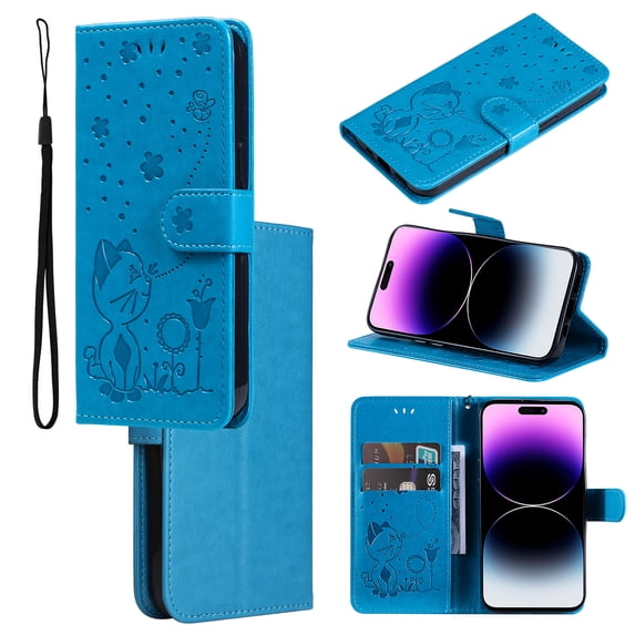 For iPhone 13 Pro Max Case, Mantto PU Leather Cover with Cat Patterned Embossed Cute Painted Flip Wallet Card Case, With Kickstand Hand Strap Magnetic Closure Case For iPhone 13 Pro Max, Blue