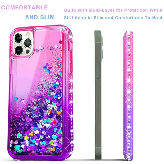 iPhone 13 Pro Max Case, [Not Fit for iPhone 13 /Mini/Pro], Liquid Floating Glitter Quicksand Bling with Spot Diamond Cover - Pink / Purple