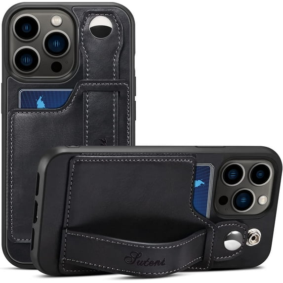 for iPhone 13 Pro Max Case, PU Leather Wallet Case Back with Elastic Card Slot Magnetic Clasp Kickstand Hand Strap Protective Cover for iPhone 13 Pro Max 6.7 inch 2021 (Black)