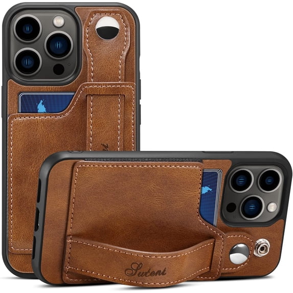 for iPhone 13 Pro Max Case, PU Leather Wallet Case Back with Elastic Card Slot Magnetic Clasp Kickstand Hand Strap Protective Cover for iPhone 13 Pro Max 6.7 inch 2021 (Brown)