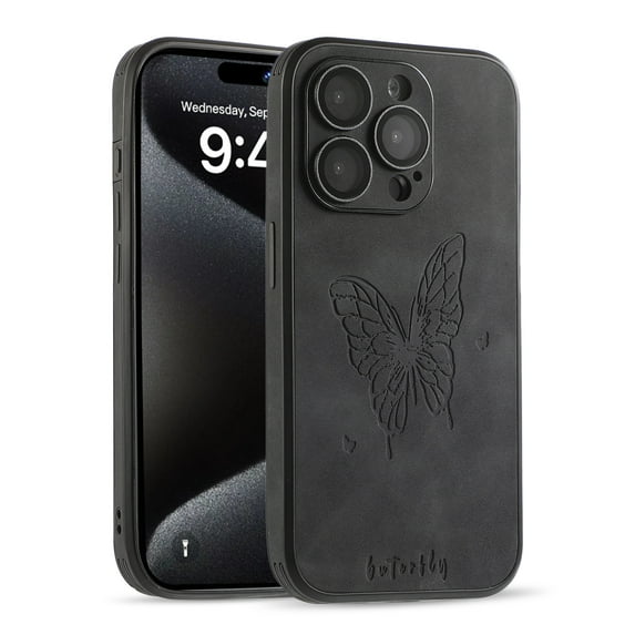 For iPhone 13 Pro Max Case Plain Butterfly Pattern with Camera Lens Protection Shockproof Soft Protective Synthetic Leather Slim Phone Case Cover for iPhone 13 Pro Max Case 6.7 Inch, Black