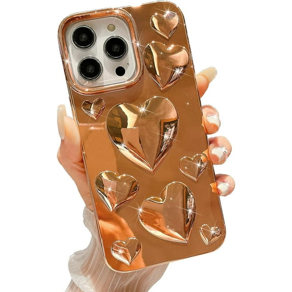 iPhone 13 Pro Max Case, Plating Bling 3D Love Heart Case, Cute Love Hearts Sparkle Phone Case for Women Girls, Soft TPU Full Camera Shockproof Protective Clear Case - Gold