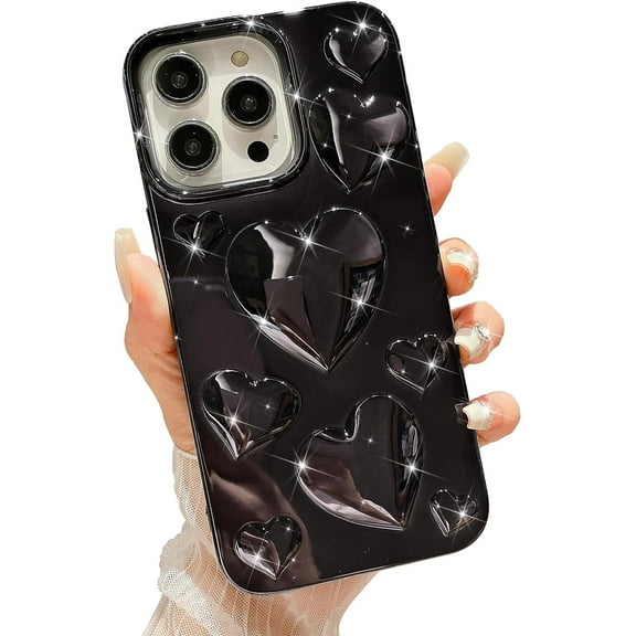 iPhone 13 Pro Max Case, Plating Bling 3D Love Heart Case, Cute Love Hearts Sparkle Phone Case for Women Girls, Soft TPU Full Camera Shockproof Protective Clear Case - Black