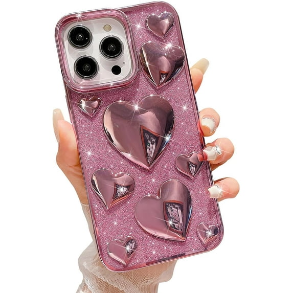 iPhone 13 Pro Max Case, Plating Bling 3D Love Heart, Cute Love Hearts Sparkle Phone Case for Women Girls, Soft TPU Full Camera Shockproof Protective Clear Case - Pink