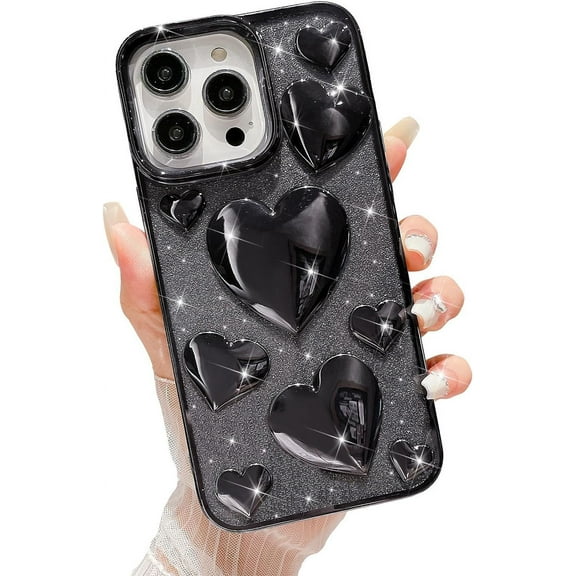 iPhone 13 Pro Max Case, Plating Bling 3D Love Heart, Cute Love Hearts Sparkle Phone Case for Women Girls, Soft TPU Full Camera Shockproof Protective Clear Case - Black