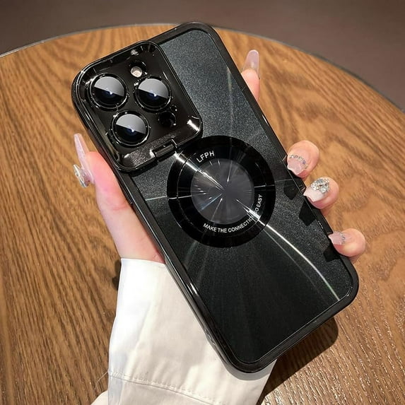 for iPhone 13 Pro Max Case Plating Magnetic 【Compatible with Magsafe】 Logo View Luxury Elegant Camera Protection Classic Screen Protector Metal Ring Phone Case for Girls Women -Black