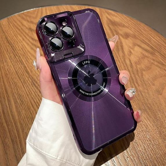 for iPhone 13 Pro Max Case Plating Magnetic 【Compatible with Magsafe】 Logo View Luxury Elegant Camera Protection Classic Screen Protector Metal Ring Phone Case for Girls Women -Purple