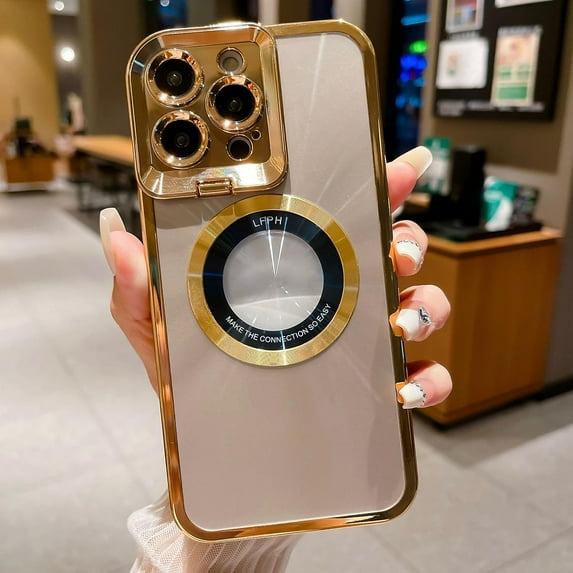 for iPhone 13 Pro Max Case Plating Magnetic 【Compatible with Magsafe】 Logo View Luxury Elegant Camera Protection Classic Screen Protector Metal Ring Phone Case for Girls Women -Gold