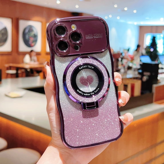 for iPhone 13 Pro Max Case with Ring Stand for Women Girls, Luxury Cute Heart Plating Raised Wavy Corners Bumper Shockproof Slim Fit Sturdy Anti-Scratch Cover for Women Girls,Darkpurple